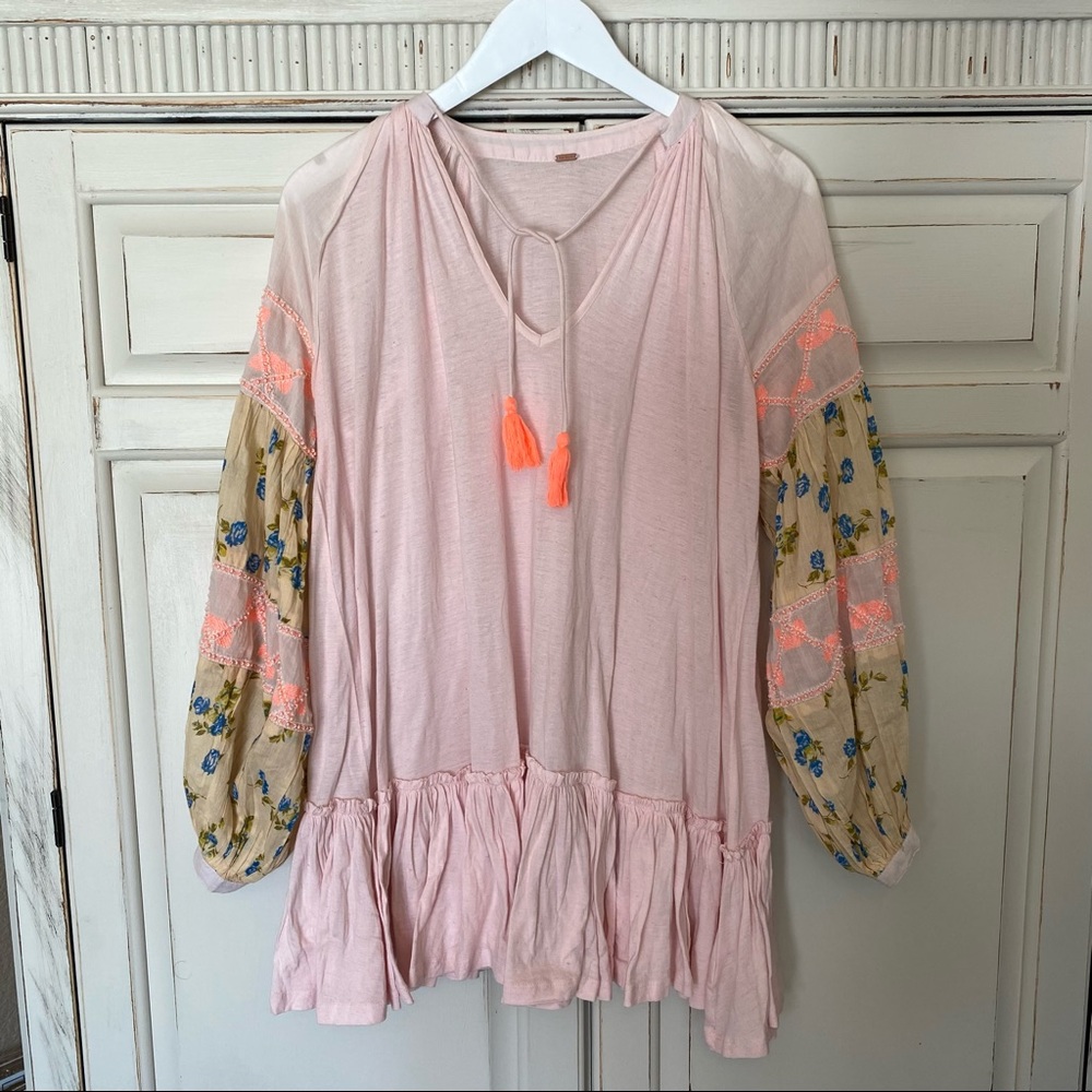 Free People Boho Pink Tunic Long Sleeve Floral Sleeve Sheer Spring Chic Bohemian